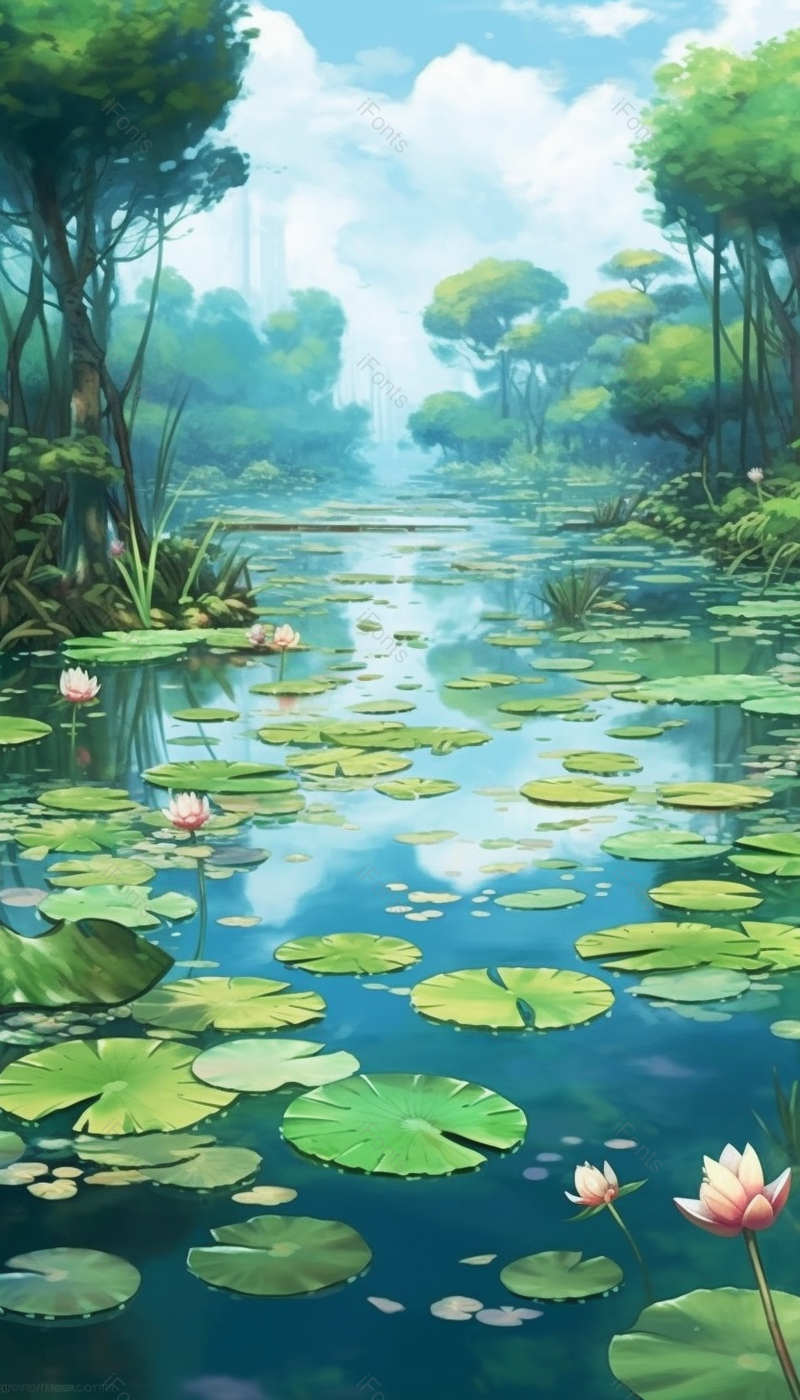 荷花荷叶连连写实插画绿色背景,插画/手绘图,插画/手绘图库,插画/手绘图下载,插画/手绘